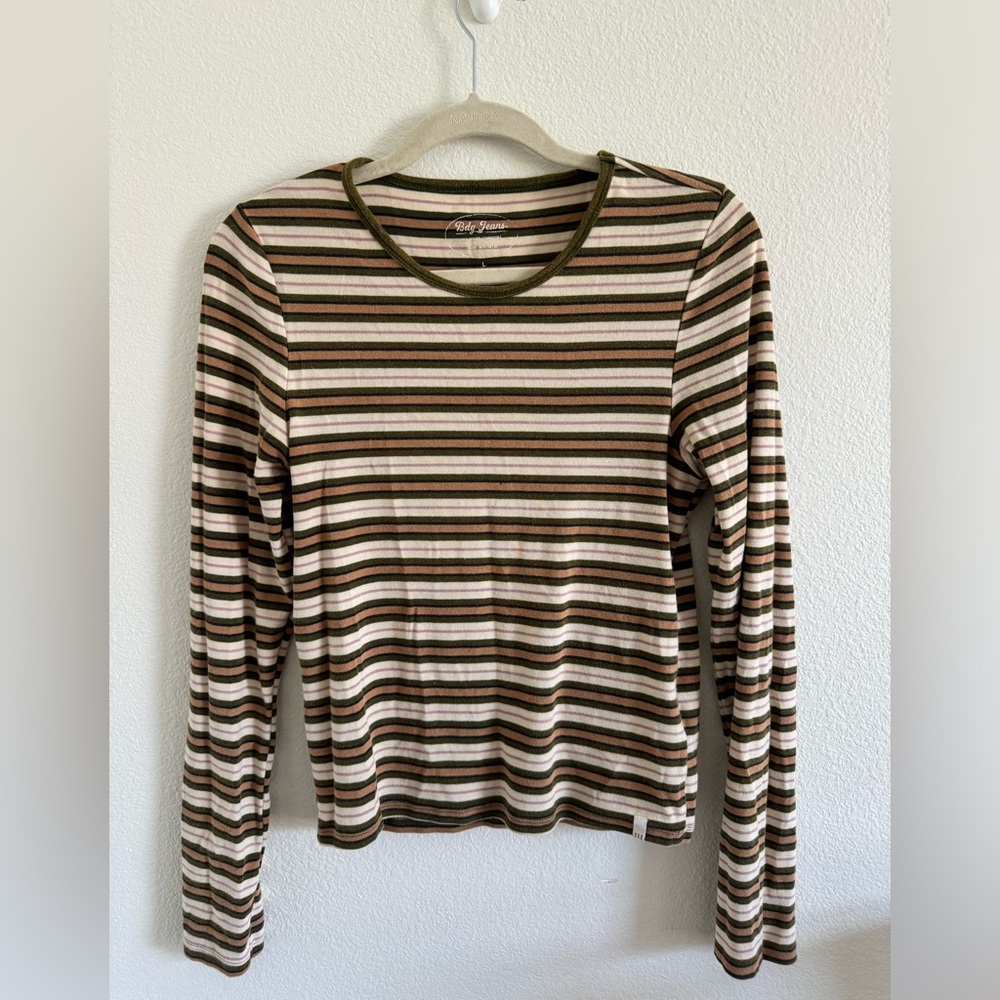 Women's Striped Long Sleeve Top - Green and Brown